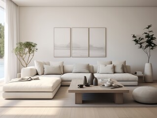 Modern living room with white sectional sofa, wooden coffee table, and a view of the sea in the three framed pictures.