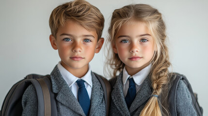 Portrait of two caucasian first-grader boy and girl with backpack dressed in school uniforms, beautiful youth faces and hairstyles , happy back to school kids