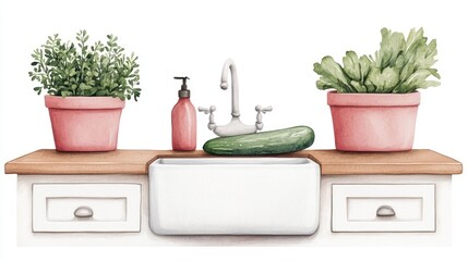 Poster - Watercolor of a rustic country kitchen clipart design featuring a farmhouse sink with fresh vegetables herbs and other kitchen essentials on a white background  Cozy and homey farmhouse style decor