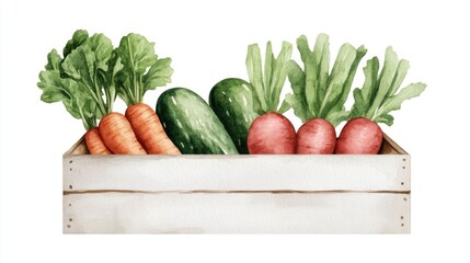 Poster - Watercolor of a cozy country kitchen setting with a farmhouse sink filled with fresh seasonal produce on a white background  Rustic traditional and charming farmhouse style decor elements