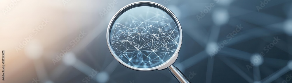 Network Magnifying Glass A 3D magnifying glass revealing hidden digital nodes in a network ...