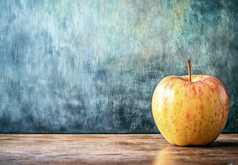 Yellow apple on wooden surface with chalkboard background and copy space