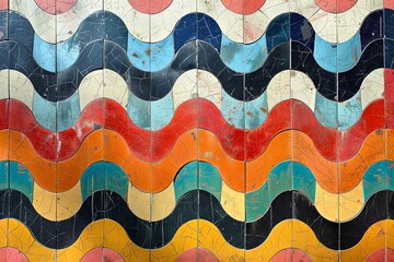 Poster - Colorful wavy tiled pattern on a wall showcasing vibrant red, blue, and orange hues in an artistic design under natural light. Generative AI