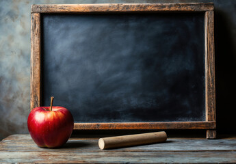 Poster - Empty blackboard with red apple and chalk on wooden table