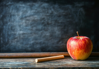 Aufkleber - Blackboard with copy space and red apple on wooden table for a back to school concept