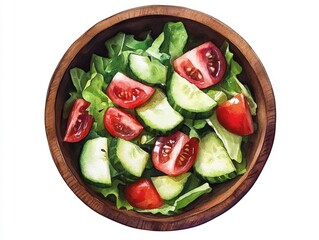 Poster - Rustic Watercolor of Fresh Garden Salad in Wooden Bowl   Healthy Natural and Homemade Meal Concept