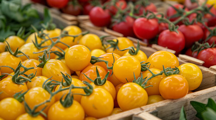 Wall Mural - Close-up of fresh red and yellow cherry tomatoes in wooden crates