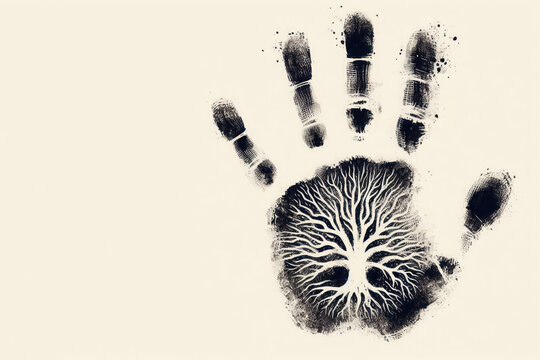A human handprint with the image of a tree. Space for text.