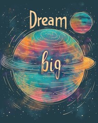 Wall Mural - Dream big hand lettering phrase on painted cosmic galaxy background with planet and stars. Modern calligraphy inspirational quote.