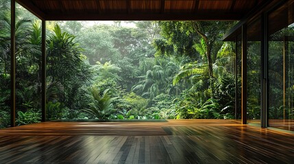 Wall Mural - A serene view of a dense tropical rainforest from the comfort of a wooden-floored interior, blending nature with home.