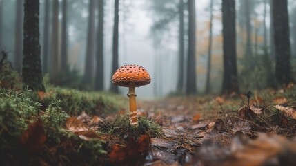 Wall Mural - A single mushroom growing in the middle of a forest during a rainy day 