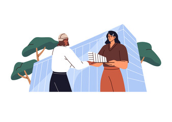 Poster - Architect presenting plan and ready skyscraper to customer. Builder gives architecture prototype of construction. Engineer shows building project. Flat isolated vector illustration on white background