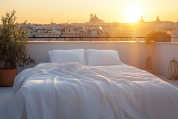 Sticker - White Duvet Cover on a Rooftop Terrace