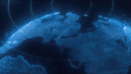 Poster - A digital representation of blue Earth with glowing lines encircling the planet, highlighting global connectivity and technology