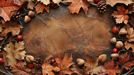 Wall Mural - Frame of autumn leaves in oak and acorns