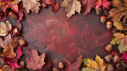 Wall Mural - Frame of autumn leaves in oak and acorns