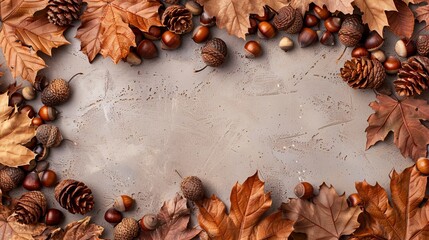 Wall Mural - Frame of autumn leaves in oak and acorns