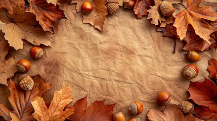 Wall Mural - Frame of autumn leaves in oak and acorns