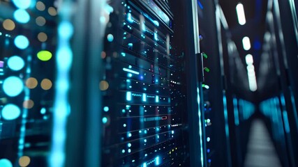 Poster - A row of computer servers in a data center. Concept of cyberspace, communication and technology.