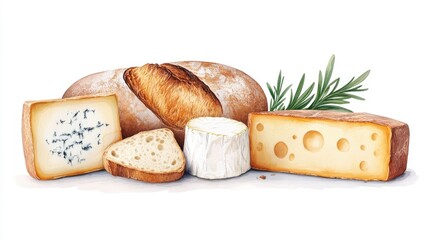 Poster - Watercolor Rustic Farmhouse Table with Bread and Cheese Clipart   Isolated on White Background  Cozy and Appetizing Still Life for Culinary Food and Lifestyle Design