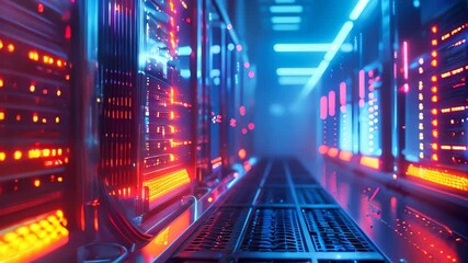 Poster - Data center with a row of computer servers. Abstract generic concept of cyberspace, communication and technology.