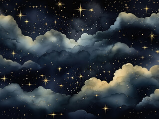 Wall Mural - superb watercolor night sky. seamless pattern with gold foil constellations, stars and clouds