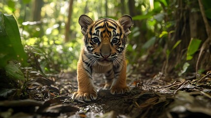 A newborn Sumatran tiger cub playfully exploring the undergrowth of its forest habitat.