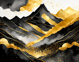 Wall Mural - Luxury watercolor landscape with black mountain, clouds and golden glitter, asian background