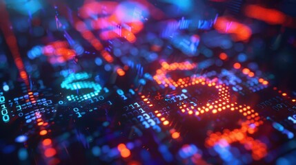 Abstract close-up of a digital circuit board with vibrant blue and red lights showcasing technological advancements.