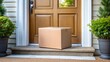 © Bounpaseuth - Online shopping delivery service concept. Cardboard parcel box delivered to the front door. Package near front door.