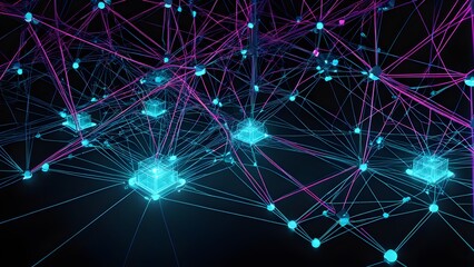 A computer network of many nodes is shown in a purple and blue color scheme
