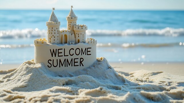 welocome summer background with sand castle at the beach