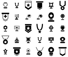 Set Of Champion Isolated Silhouette Solid Icons With Award,Best,Trophy,Prize,Winner Pictograms And Infographics Design Elements Vector Illustration