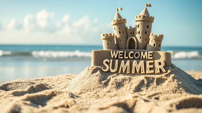 welocome summer background with sand castle at the beach