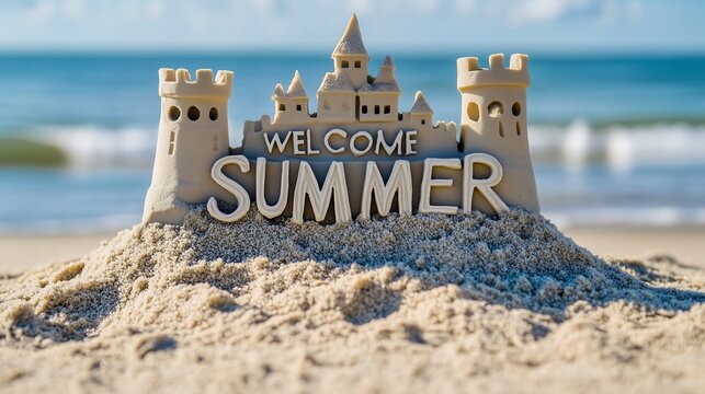 welocome summer background with sand castle at the beach