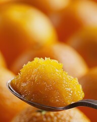 Sticker - Slices of orange and a spoon of orange jam on a wooden table