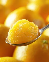 Sticker - Slices of orange and a spoon of orange jam on a wooden table