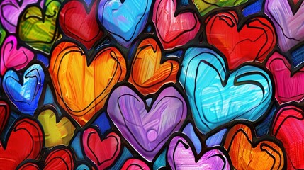 A variety of colorful hearts cover the canvas, bringing an energetic and cheerful vibe to the artwork