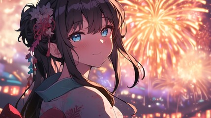 Sticker - anime girl with kimono at fireworks festival