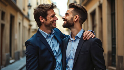 In a street lined with buildings, two men dressed in suits walk side by side, their arms over each other's shoulders, symbolizing bonding, trust, and friendship in an urban setting.