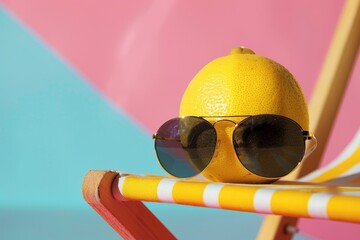 Lemon fruit chilling in beach chair on the blue and yellow background. Summer vacation concept. Sunglasses on lemon with green leaf relaxing on the sunbed. Creative art, minimal aesthetic