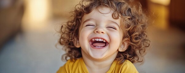 Wall Mural - Cute little boy with curly hair is laughing at home