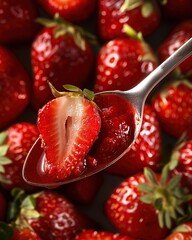 Wall Mural - Strawberry jam in a spoon, close-up, macro