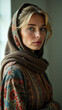 © SerPak - An intense, serious-looking woman in a beautifully patterned headscarf and traditional dress, her gaze captivating and thoughtful, showcasing intricate cultural attire and vivid patterns.
