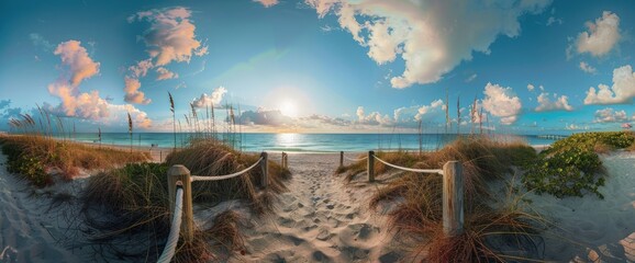 Wall Mural - beautiful path leading to the beach, white rope and wood fence with green grass on both sides, blue 