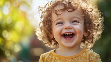 Wall Mural - Happy baby girl with curly hair smiling outdoors