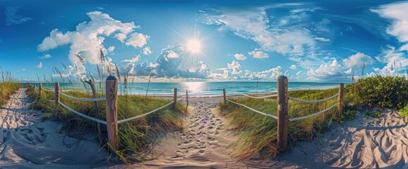Wall Mural - beautiful path leading to the beach, white rope and wood fence with green grass on both sides, blue 