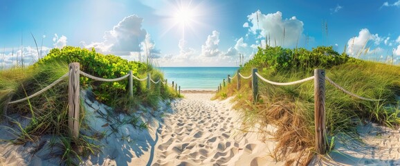 Wall Mural - beautiful path leading to the beach, white rope and wood fence with green grass on both sides, blue 