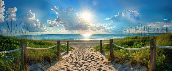 Wall Mural - beautiful path leading to the beach, white rope and wood fence with green grass on both sides, blue 