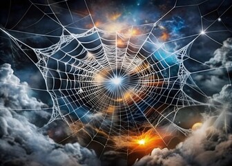 A gray spider web stretched out in a gray haze